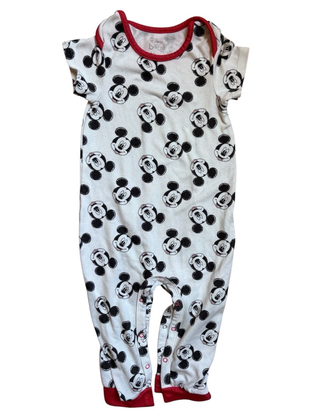 Disney White & Black Mickey Print One-Piece Romper with Red Trim